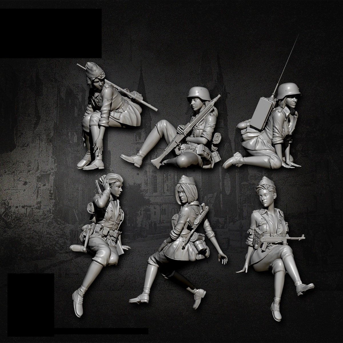 Unpainted 1/35 6pcs Sexy German Girls WW2 WWII Resin Figure Model Kit Unassembled-1